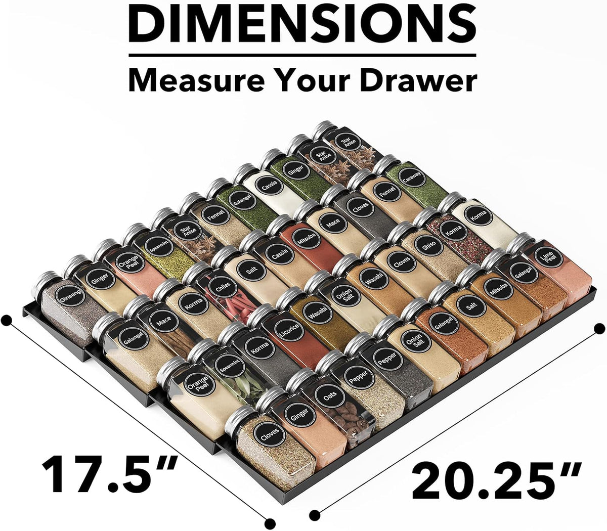 Spice Drawer Organizer with 28 Spice Jars, 386 Spice Labels, 4 Tier Seasoning Rack Tray Insert for Kitchen Drawers, 13" Wide x 17.5" Deep