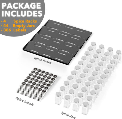 Spice Drawer Organizer with 28 Spice Jars, 386 Spice Labels, 4 Tier Seasoning Rack Tray Insert for Kitchen Drawers, 13" Wide x 17.5" Deep