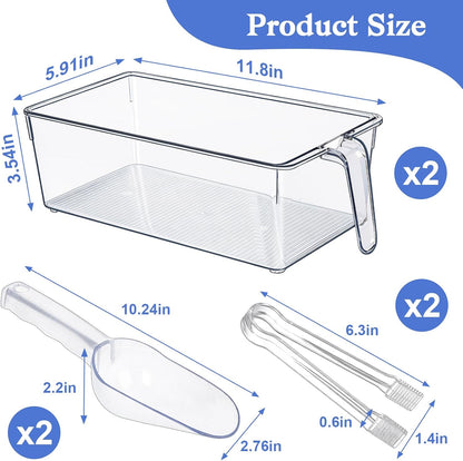 Clear Ice Bucket for Freezer, Ice Cube Storage Bin with Flexible Handle, and Ice Holder for Freezer, Scoop & Tongs Set, Fridge Container, Home Bar Organization