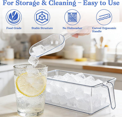 Clear Ice Bucket for Freezer, Ice Cube Storage Bin with Flexible Handle, and Ice Holder for Freezer, Scoop & Tongs Set, Fridge Container, Home Bar Organization