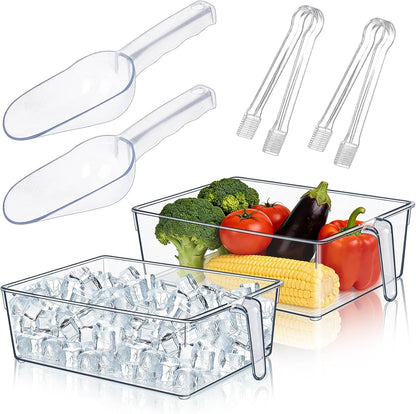 Clear Ice Bucket for Freezer, Ice Cube Storage Bin with Flexible Handle, and Ice Holder for Freezer, Scoop & Tongs Set, Fridge Container, Home Bar Organization