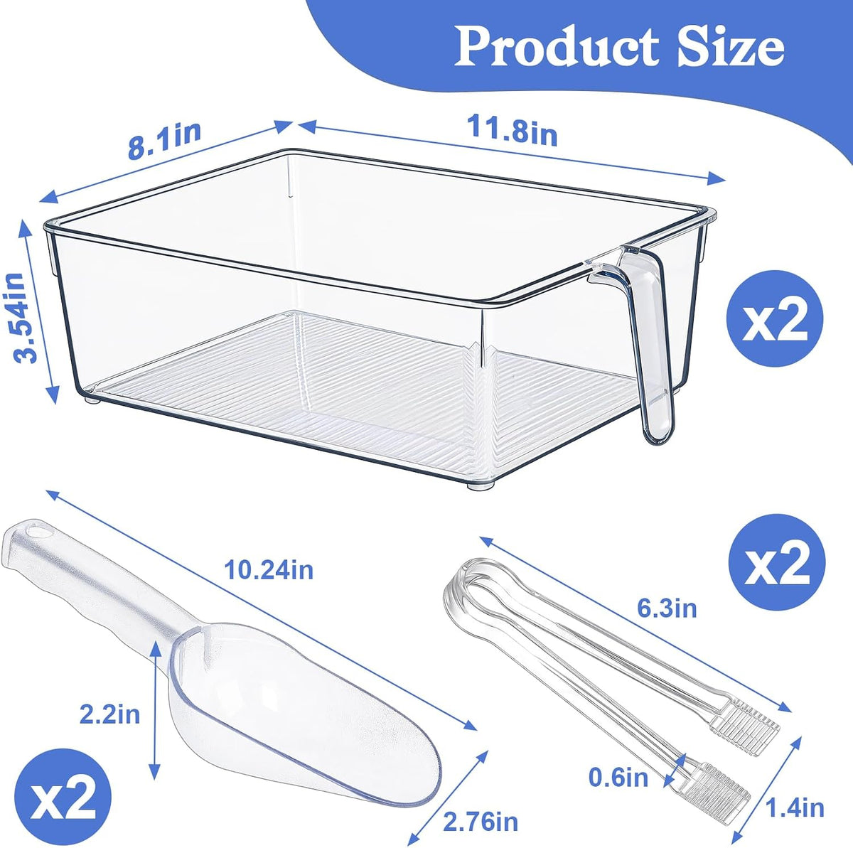 Clear Ice Bucket for Freezer, Ice Cube Storage Bin with Flexible Handle, and Ice Holder for Freezer, Scoop & Tongs Set, Fridge Container, Home Bar Organization