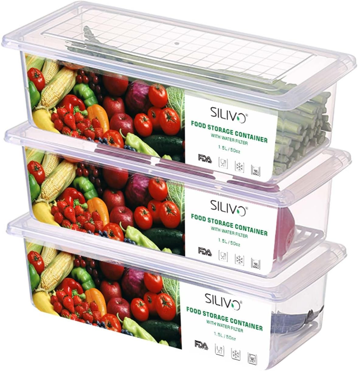1.5L Fruit Storage Containers for Fridge with Removable Drain Tray