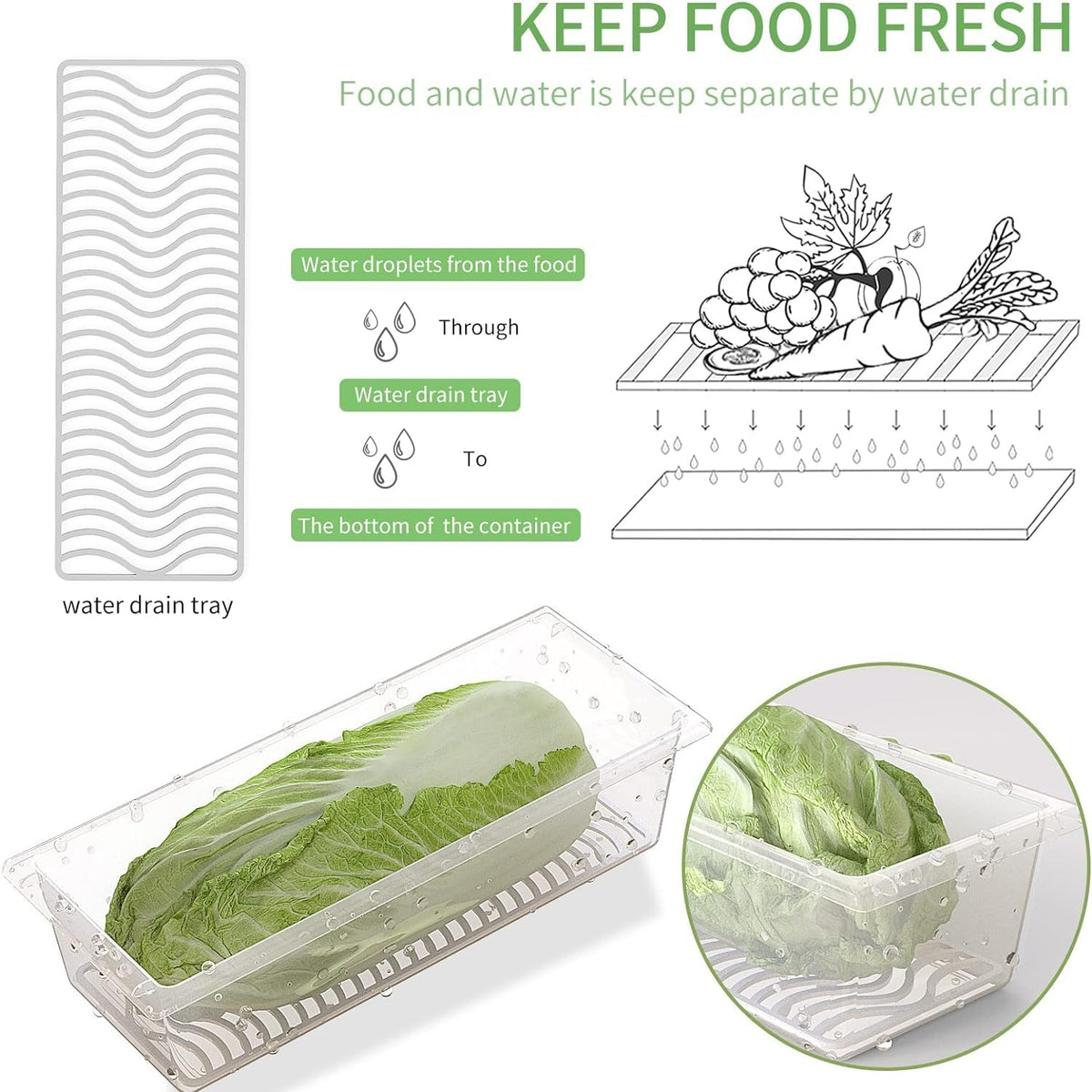 1.5L Fruit Storage Containers for Fridge with Removable Drain Tray