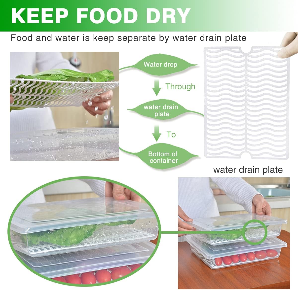 1.5L Fruit Storage Containers for Fridge with Removable Drain Tray