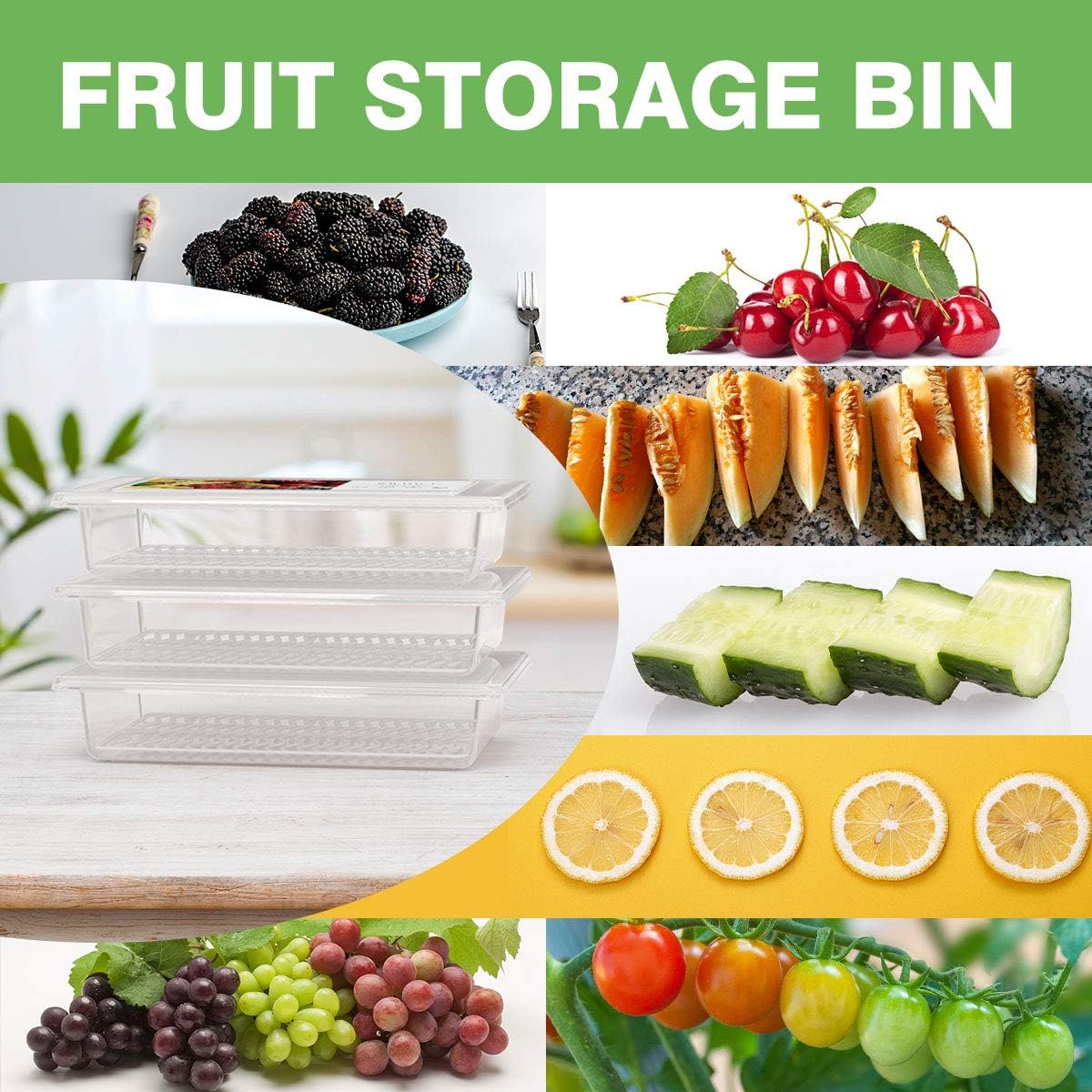1.5L Fruit Storage Containers for Fridge with Removable Drain Tray