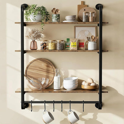 3 Tier Industrial Pipe Floating Shelf, 24" Kitchen Wall Shelves