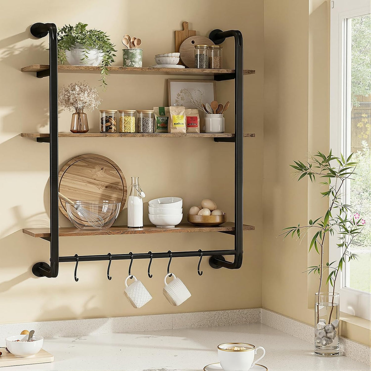 3 Tier Industrial Pipe Floating Shelf, 24" Kitchen Wall Shelves