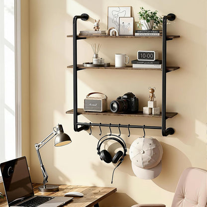 3 Tier Industrial Pipe Floating Shelf, 24" Kitchen Wall Shelves