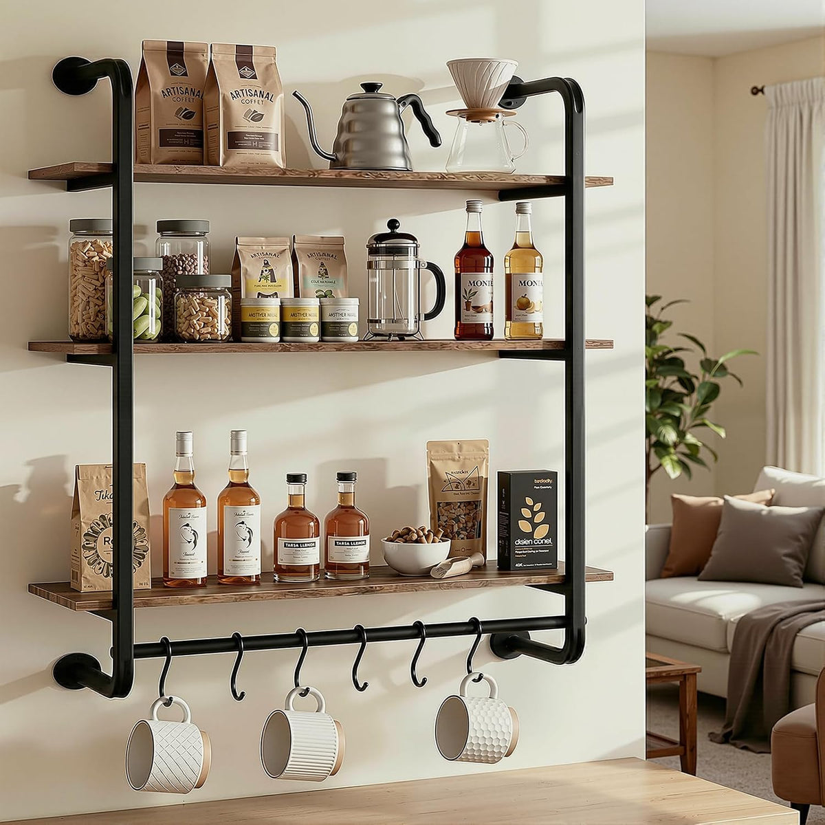 3 Tier Industrial Pipe Floating Shelf, 24" Kitchen Wall Shelves