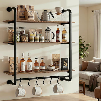 3 Tier Industrial Pipe Floating Shelf, 24" Kitchen Wall Shelves