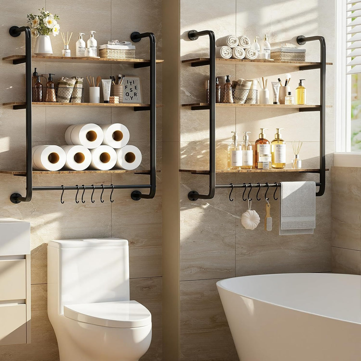 3 Tier Industrial Pipe Floating Shelf, 24" Kitchen Wall Shelves