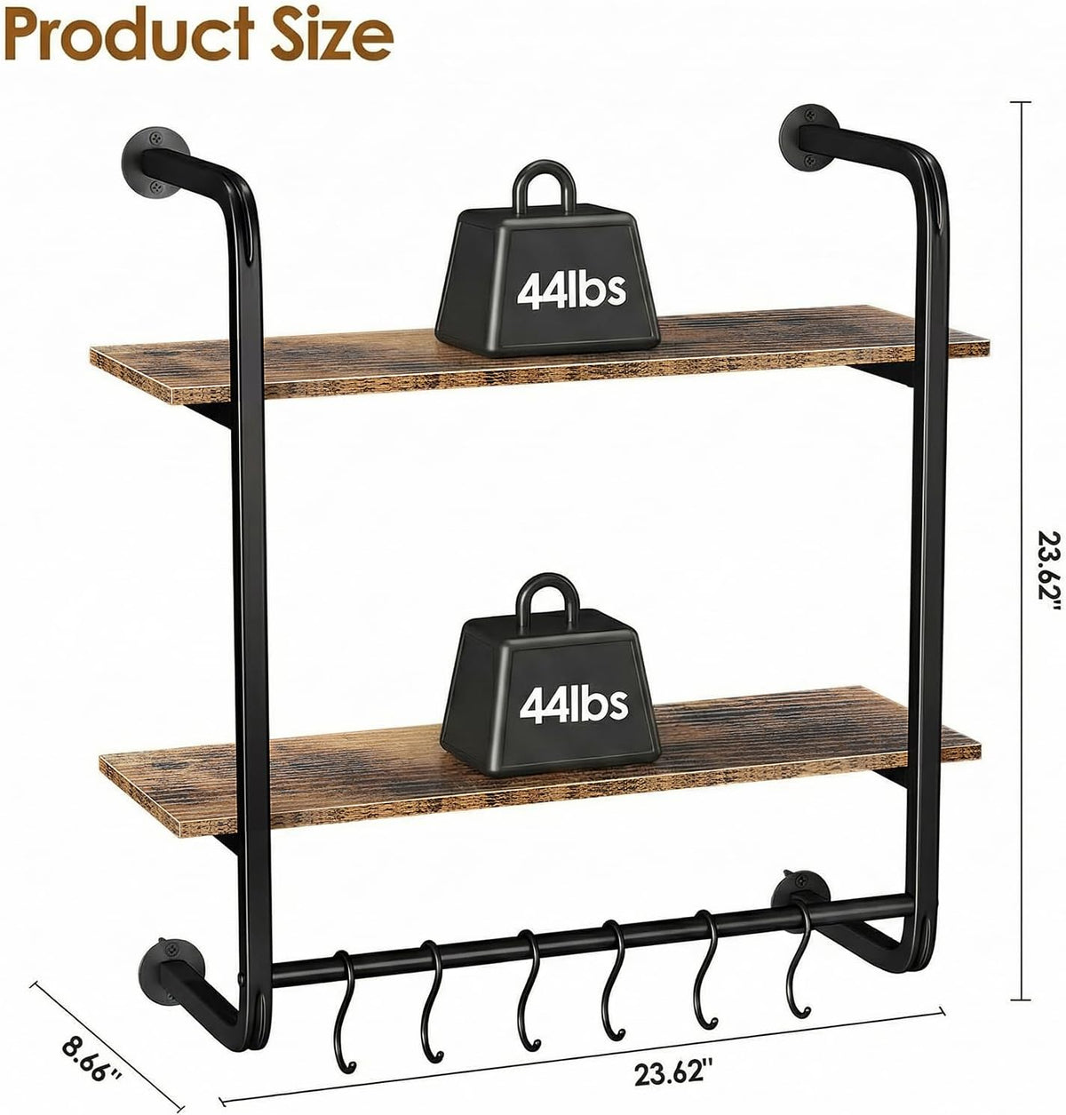 3 Tier Industrial Pipe Floating Shelf, 24" Kitchen Wall Shelves