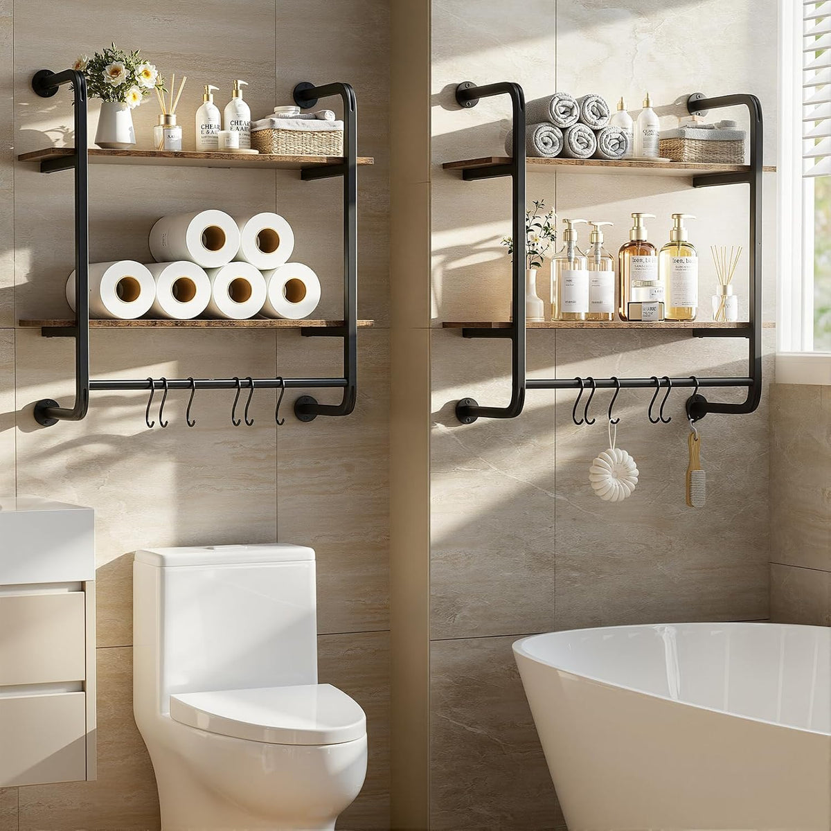 3 Tier Industrial Pipe Floating Shelf, 24" Kitchen Wall Shelves