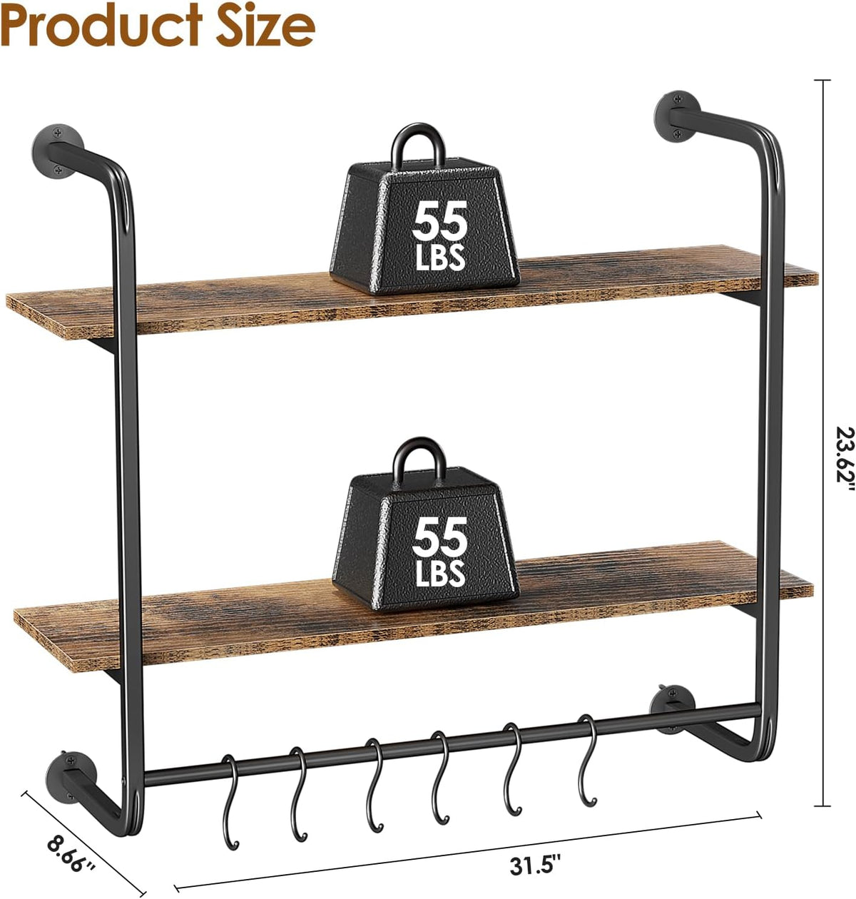 3 Tier Industrial Pipe Floating Shelf, 24" Kitchen Wall Shelves