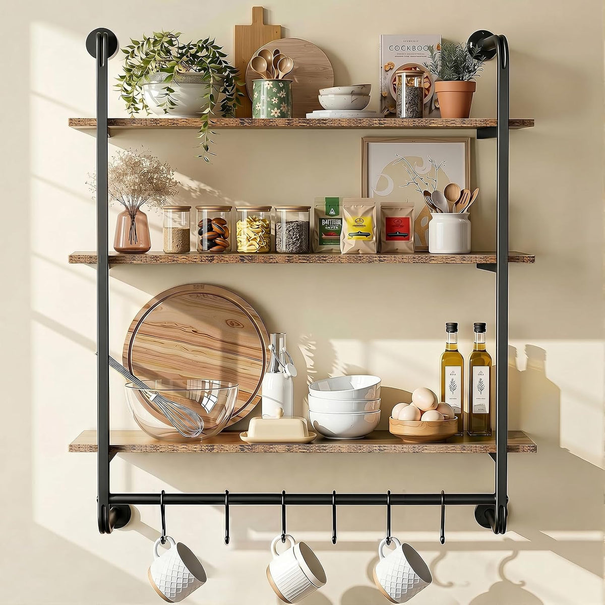 3 Tier Industrial Pipe Floating Shelf, 24" Kitchen Wall Shelves