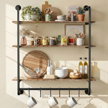 3 Tier Industrial Pipe Floating Shelf, 24" Kitchen Wall Shelves