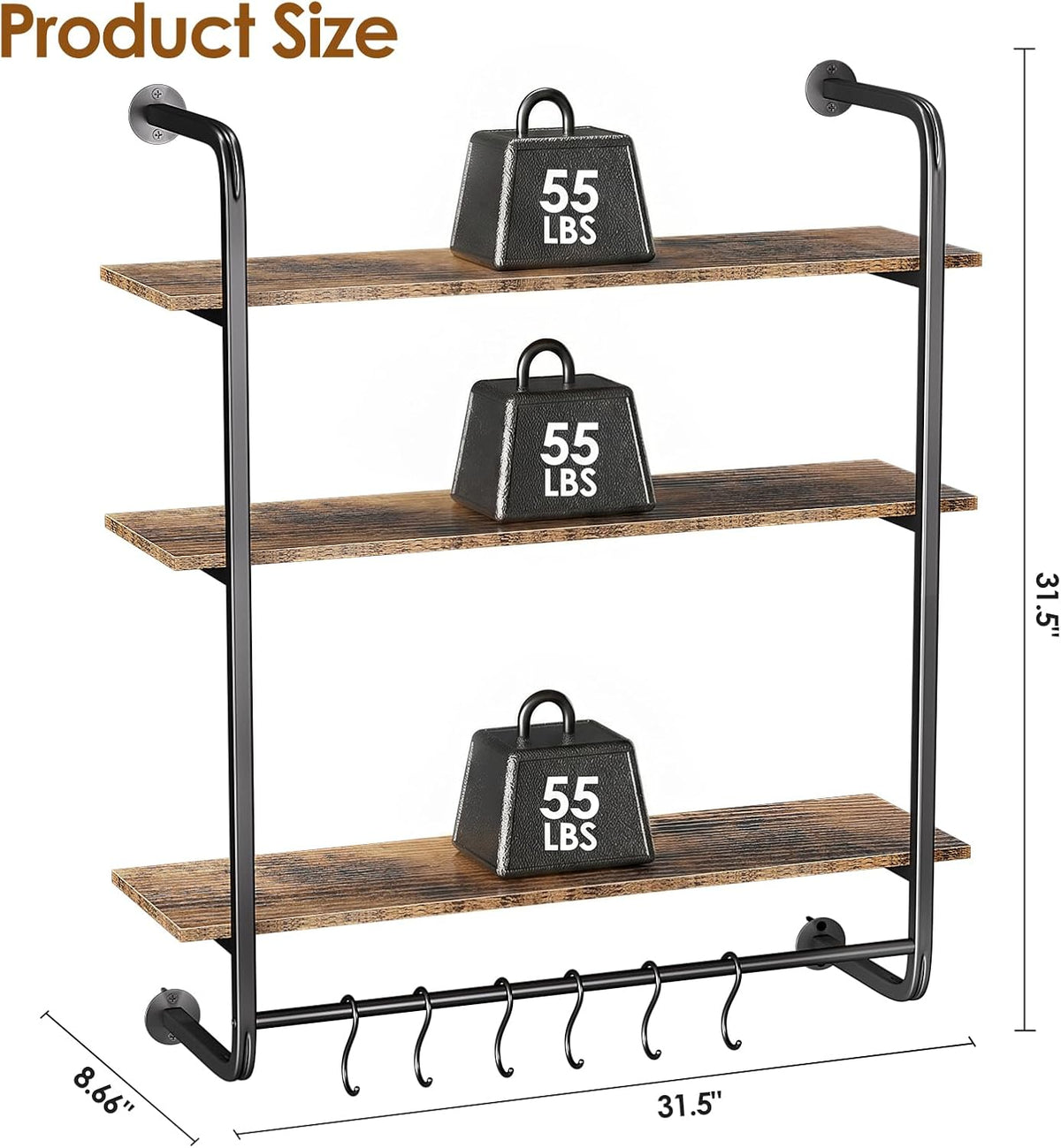3 Tier Industrial Pipe Floating Shelf, 24" Kitchen Wall Shelves
