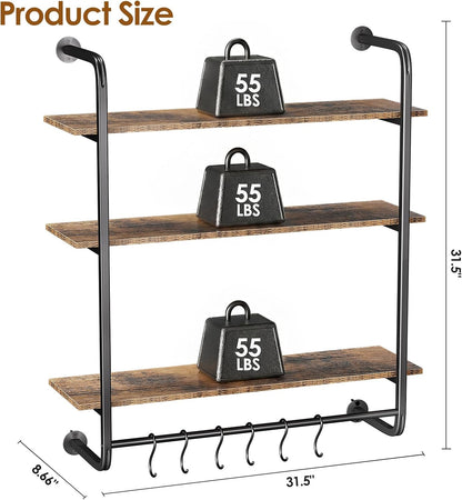 3 Tier Industrial Pipe Floating Shelf, 24" Kitchen Wall Shelves
