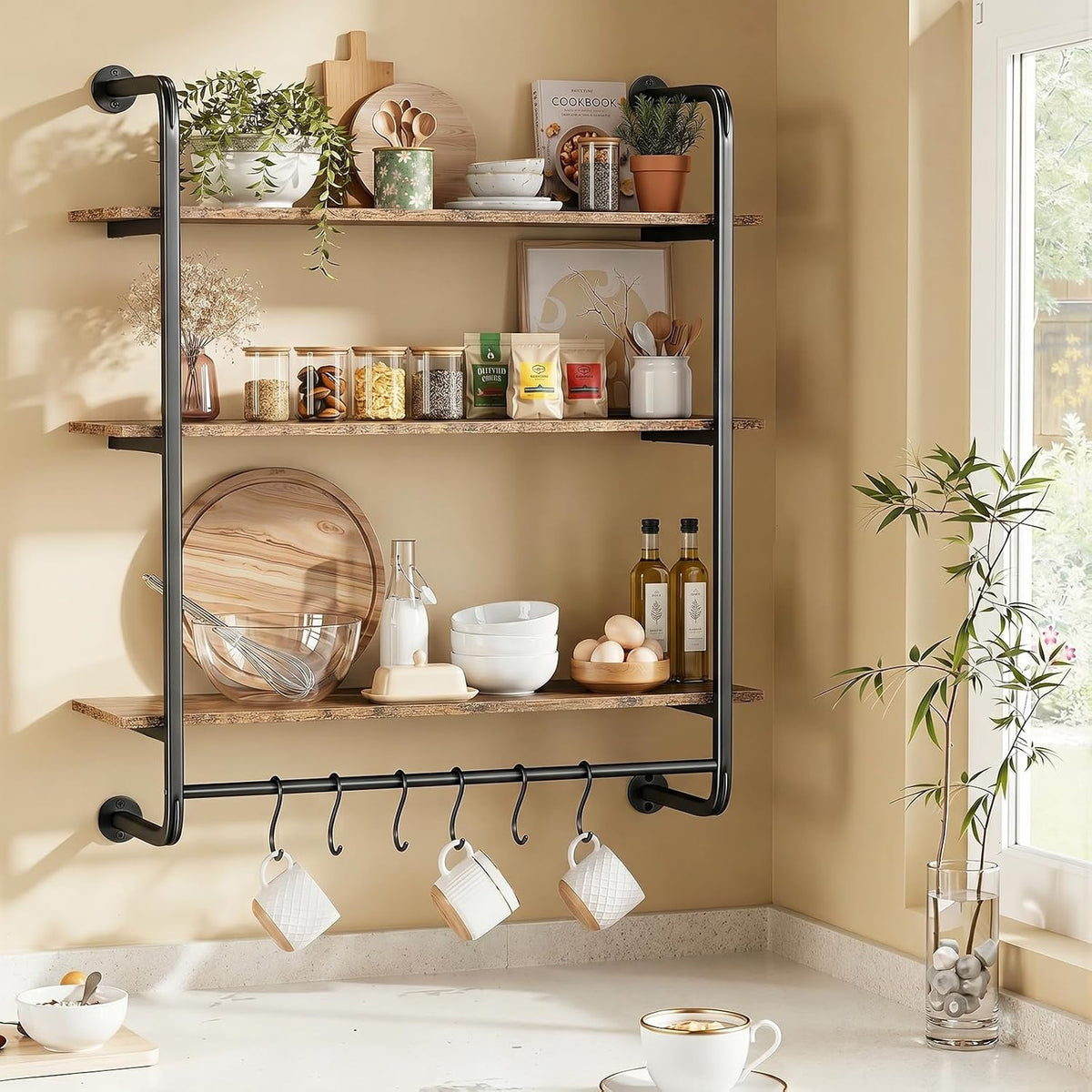 3 Tier Industrial Pipe Floating Shelf, 24" Kitchen Wall Shelves
