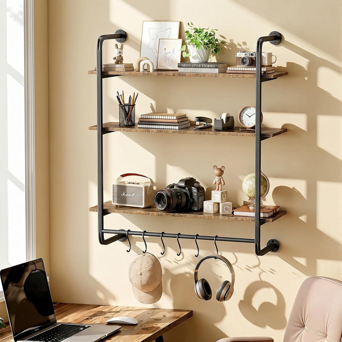 3 Tier Industrial Pipe Floating Shelf, 24" Kitchen Wall Shelves
