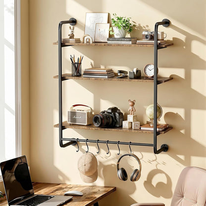 3 Tier Industrial Pipe Floating Shelf, 24" Kitchen Wall Shelves