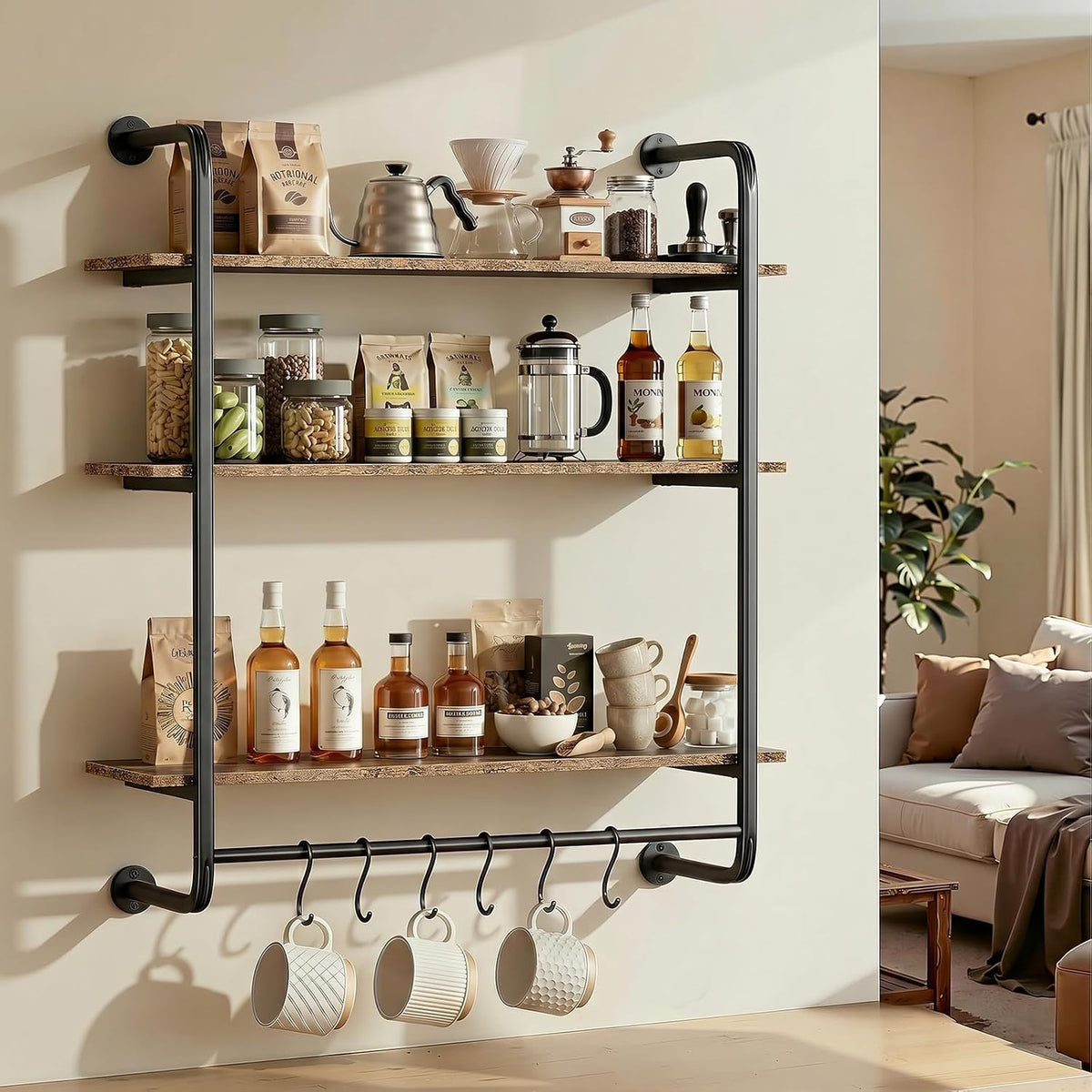 3 Tier Industrial Pipe Floating Shelf, 24" Kitchen Wall Shelves