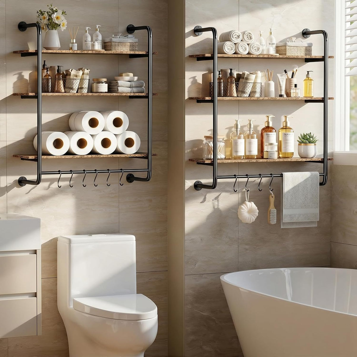 3 Tier Industrial Pipe Floating Shelf, 24" Kitchen Wall Shelves