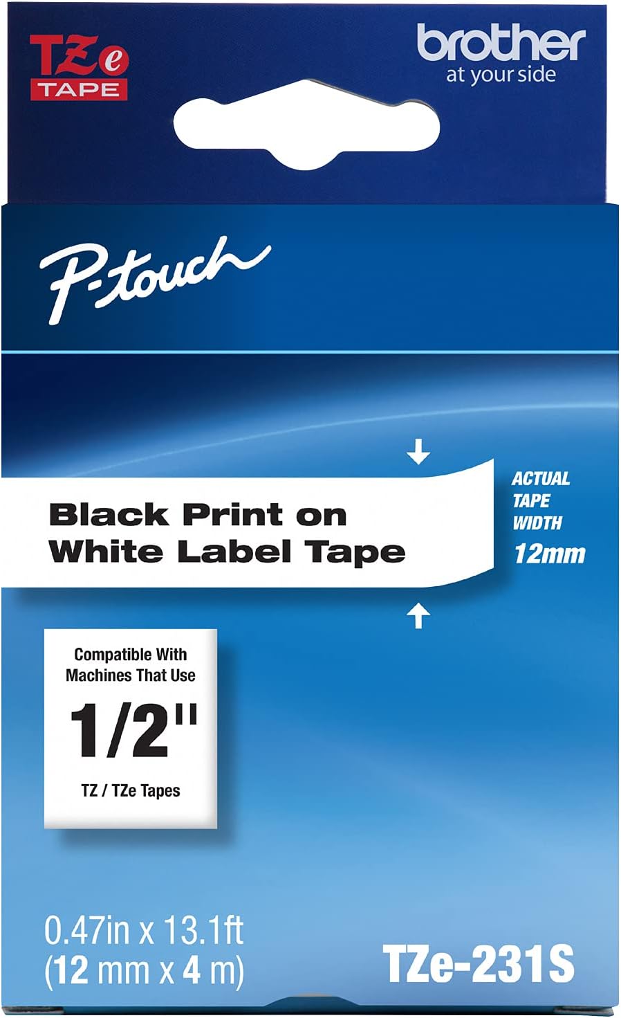 Genuine P-Touch TZe-231S Economy Label Tape, Standard Laminated P-Touch Tape, Black on White, Perfect for Indoor or Outdoor Use, Water Resistant, (4M), Single-Pack