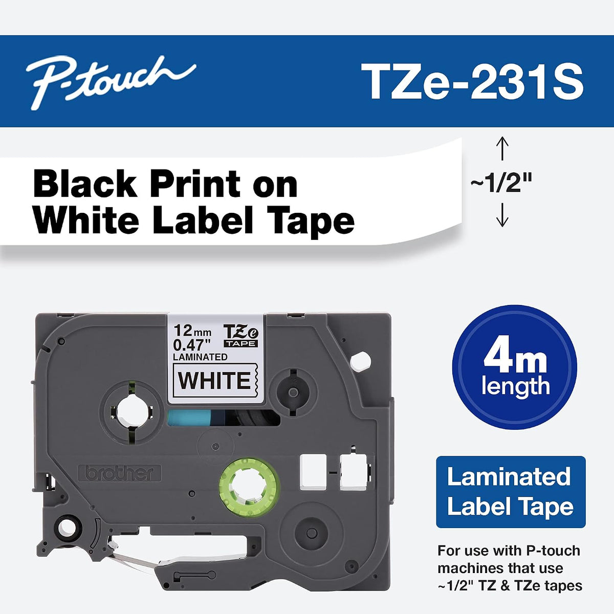 Genuine P-Touch TZe-231S Economy Label Tape, Standard Laminated P-Touch Tape, Black on White, Perfect for Indoor or Outdoor Use, Water Resistant, (4M), Single-Pack