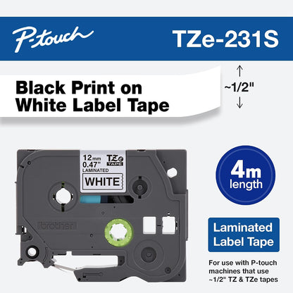 Genuine P-Touch TZe-231S Economy Label Tape, Standard Laminated P-Touch Tape, Black on White, Perfect for Indoor or Outdoor Use, Water Resistant, (4M), Single-Pack