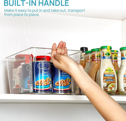 6 Pack Clear Storage Bins, Pantry Storage Bins with Handle, XL | Plastic Pantry Organizer Containers for Kitchen, Refrigerator, Fridge, Cabinet, Countertops, Home Organization and Storage
