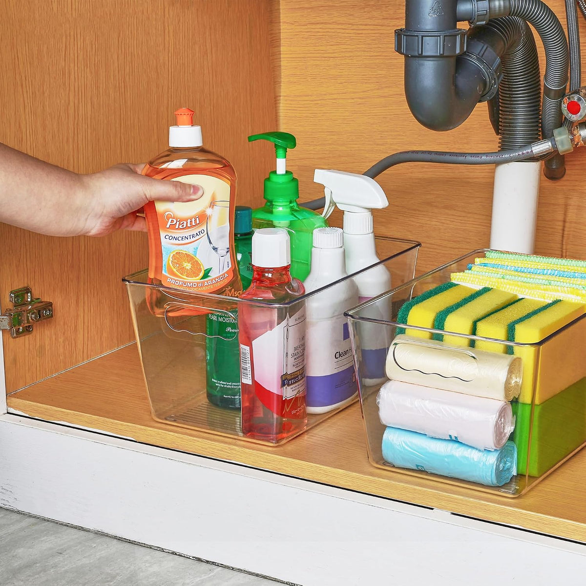 6 Pack Clear Storage Bins, Pantry Storage Bins with Handle, XL | Plastic Pantry Organizer Containers for Kitchen, Refrigerator, Fridge, Cabinet, Countertops, Home Organization and Storage