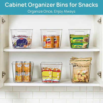 6 Pack Clear Storage Bins, Pantry Storage Bins with Handle, XL | Plastic Pantry Organizer Containers for Kitchen, Refrigerator, Fridge, Cabinet, Countertops, Home Organization and Storage