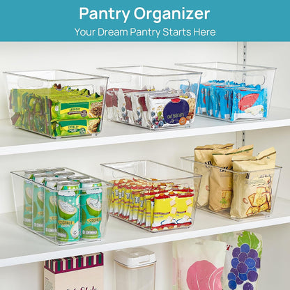 6 Pack Clear Storage Bins, Pantry Storage Bins with Handle, XL | Plastic Pantry Organizer Containers for Kitchen, Refrigerator, Fridge, Cabinet, Countertops, Home Organization and Storage