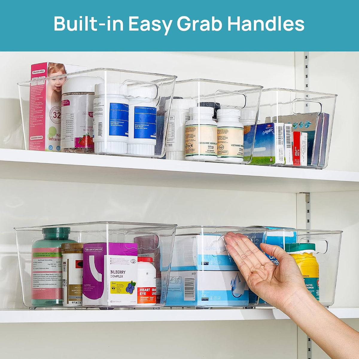 6 Pack Clear Storage Bins, Pantry Storage Bins with Handle, XL | Plastic Pantry Organizer Containers for Kitchen, Refrigerator, Fridge, Cabinet, Countertops, Home Organization and Storage