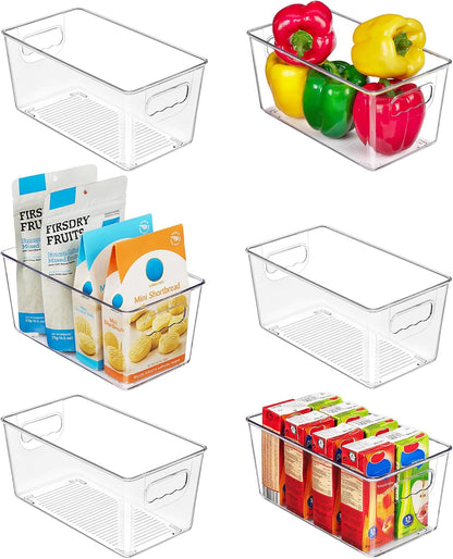 6 Pack Clear Storage Bins, Pantry Storage Bins with Handle, XL | Plastic Pantry Organizer Containers for Kitchen, Refrigerator, Fridge, Cabinet, Countertops, Home Organization and Storage
