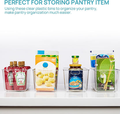 6 Pack Clear Storage Bins, Pantry Storage Bins with Handle, XL | Plastic Pantry Organizer Containers for Kitchen, Refrigerator, Fridge, Cabinet, Countertops, Home Organization and Storage
