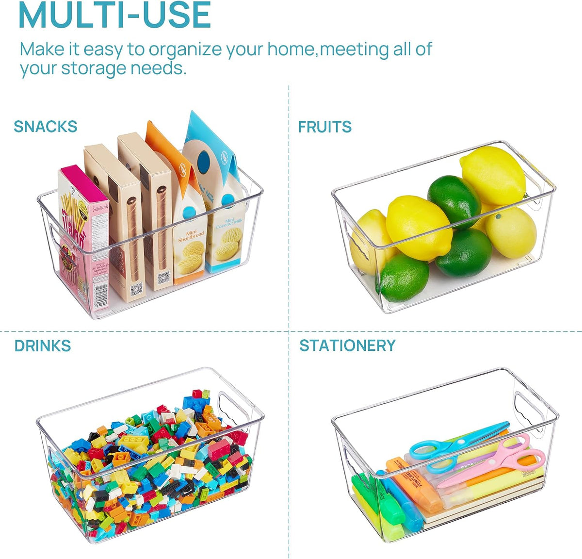 6 Pack Clear Storage Bins, Pantry Storage Bins with Handle, XL | Plastic Pantry Organizer Containers for Kitchen, Refrigerator, Fridge, Cabinet, Countertops, Home Organization and Storage