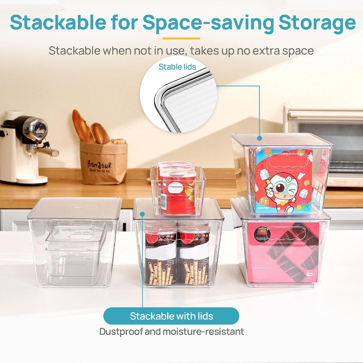 6 Pack Clear Storage Bins, Pantry Storage Bins with Handle, XL | Plastic Pantry Organizer Containers for Kitchen, Refrigerator, Fridge, Cabinet, Countertops, Home Organization and Storage