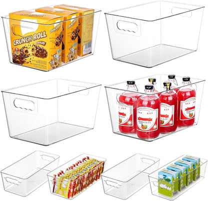 6 Pack Clear Storage Bins, Pantry Storage Bins with Handle, XL | Plastic Pantry Organizer Containers for Kitchen, Refrigerator, Fridge, Cabinet, Countertops, Home Organization and Storage