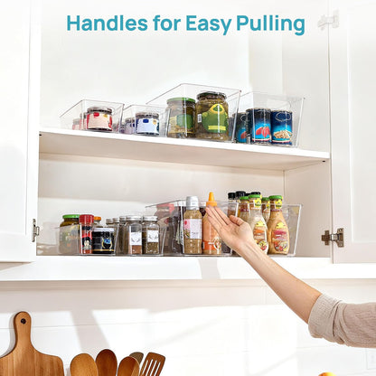 6 Pack Clear Storage Bins, Pantry Storage Bins with Handle, XL | Plastic Pantry Organizer Containers for Kitchen, Refrigerator, Fridge, Cabinet, Countertops, Home Organization and Storage