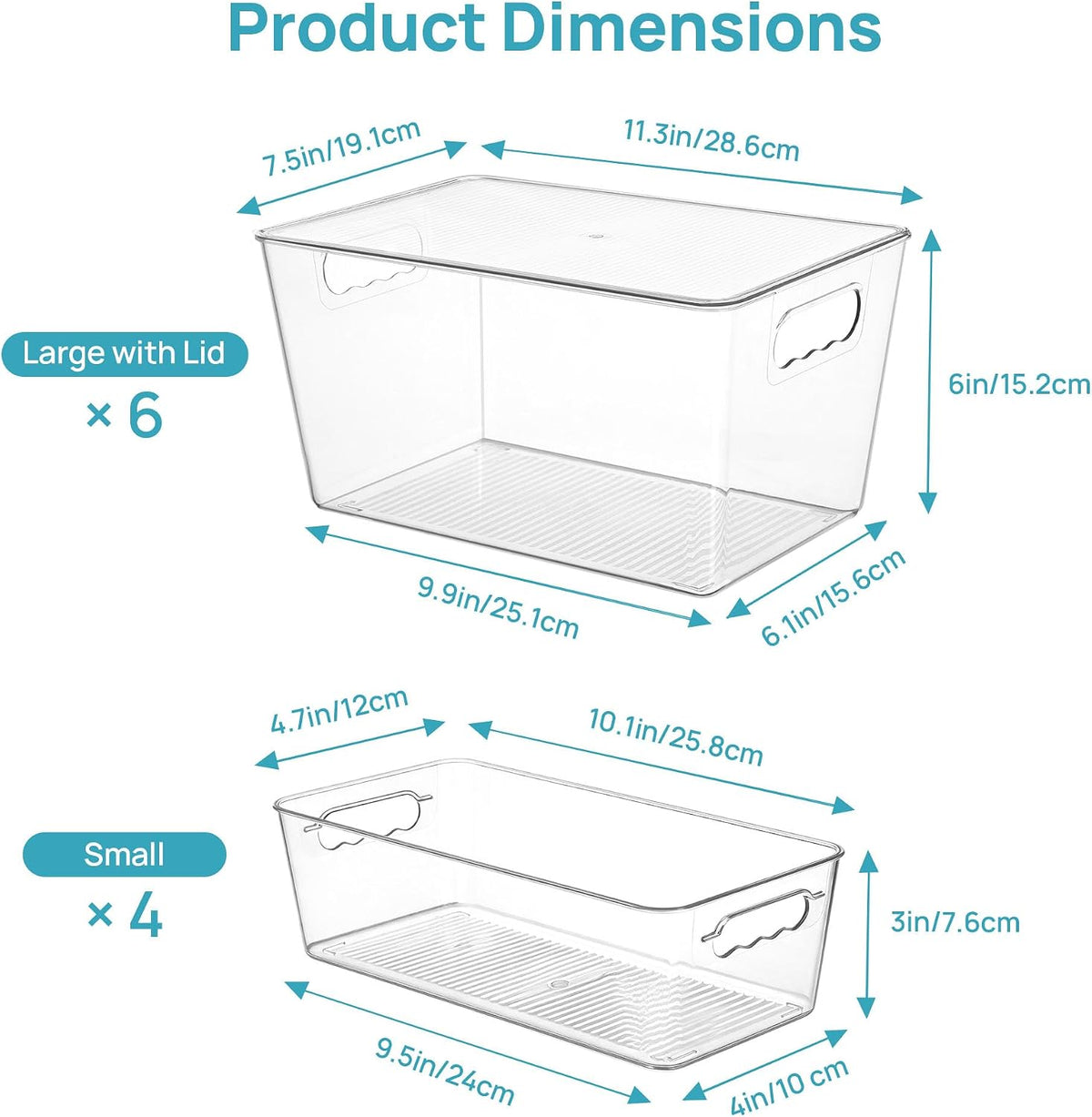6 Pack Clear Storage Bins, Pantry Storage Bins with Handle, XL | Plastic Pantry Organizer Containers for Kitchen, Refrigerator, Fridge, Cabinet, Countertops, Home Organization and Storage