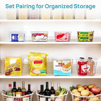 6 Pack Clear Storage Bins, Pantry Storage Bins with Handle, XL | Plastic Pantry Organizer Containers for Kitchen, Refrigerator, Fridge, Cabinet, Countertops, Home Organization and Storage