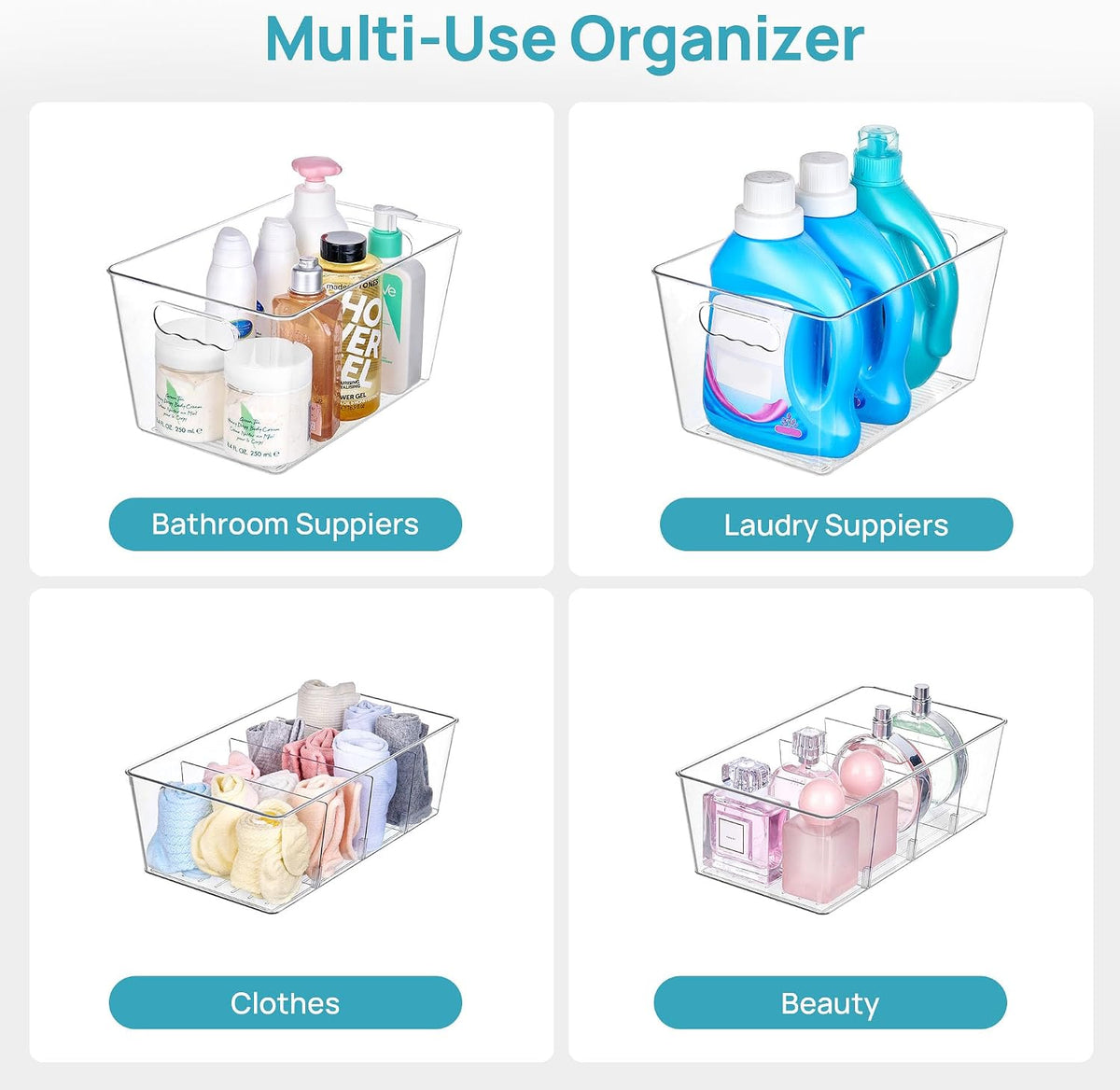 6 Pack Clear Storage Bins, Pantry Storage Bins with Handle, XL | Plastic Pantry Organizer Containers for Kitchen, Refrigerator, Fridge, Cabinet, Countertops, Home Organization and Storage