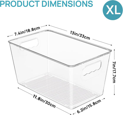 6 Pack Clear Storage Bins, Pantry Storage Bins with Handle, XL | Plastic Pantry Organizer Containers for Kitchen, Refrigerator, Fridge, Cabinet, Countertops, Home Organization and Storage