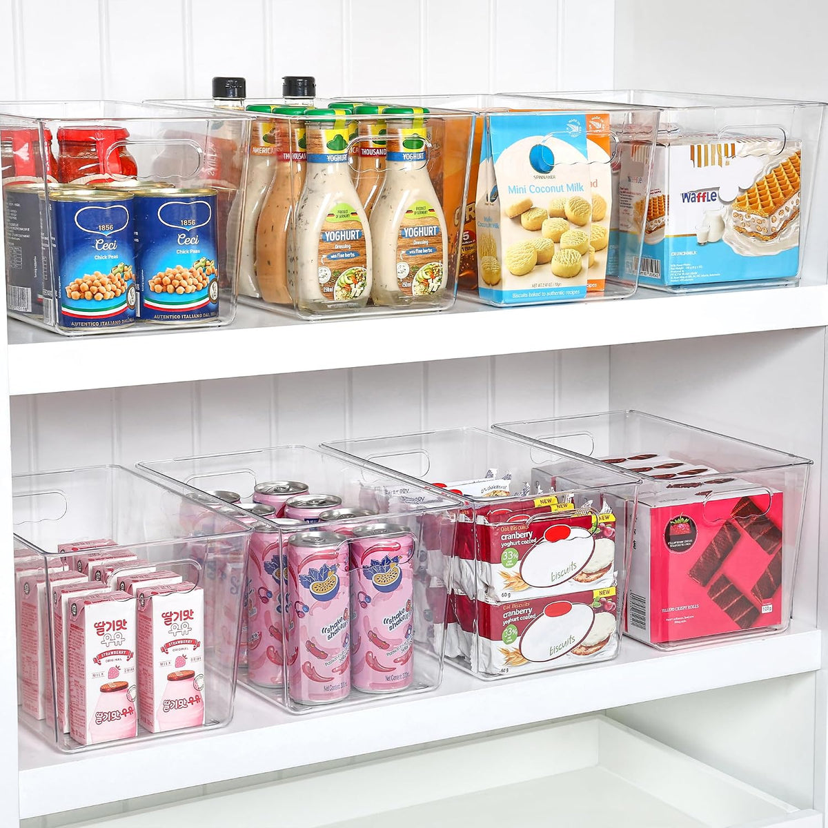 6 Pack Clear Storage Bins, Pantry Storage Bins with Handle, XL | Plastic Pantry Organizer Containers for Kitchen, Refrigerator, Fridge, Cabinet, Countertops, Home Organization and Storage