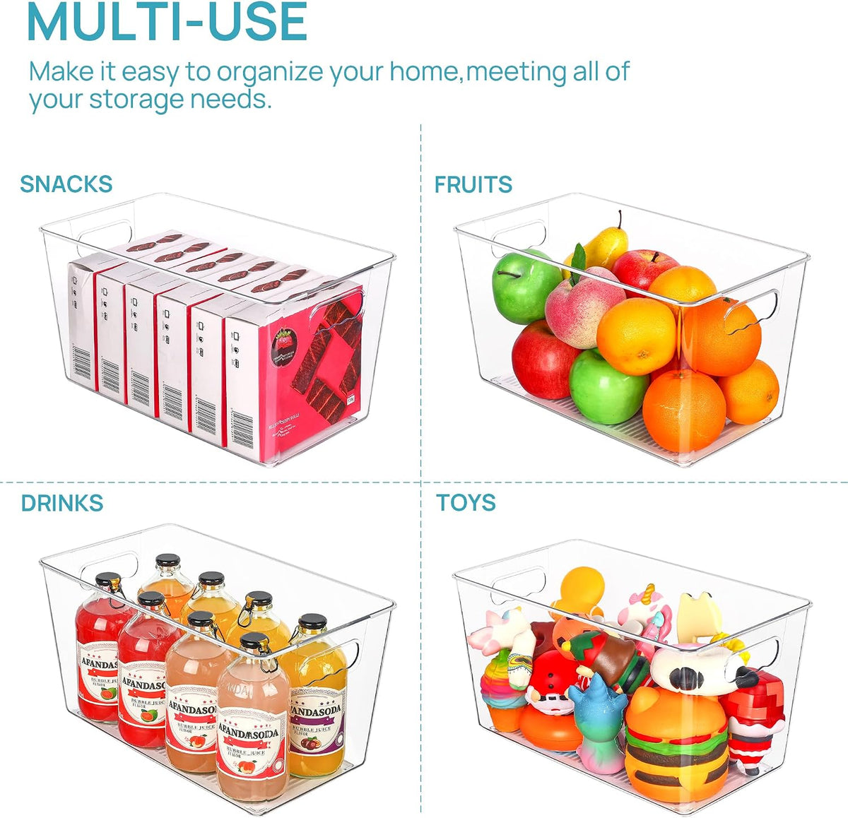 6 Pack Clear Storage Bins, Pantry Storage Bins with Handle, XL | Plastic Pantry Organizer Containers for Kitchen, Refrigerator, Fridge, Cabinet, Countertops, Home Organization and Storage