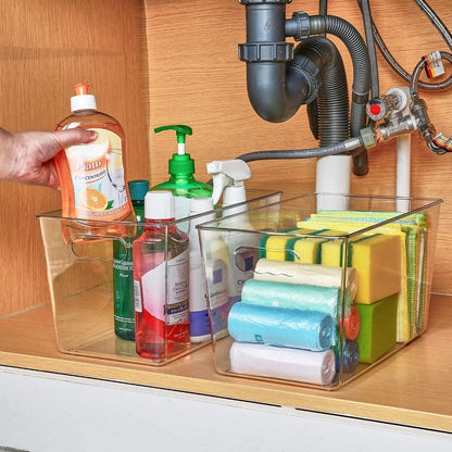 6 Pack Clear Storage Bins, Pantry Storage Bins with Handle, XL | Plastic Pantry Organizer Containers for Kitchen, Refrigerator, Fridge, Cabinet, Countertops, Home Organization and Storage