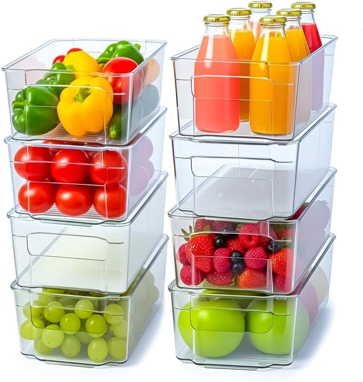 Fridge & Refrigerator Organizer Bins (8 Pack), Clear Stackable Durable Plastic Storage Containers with Easy Grip Handles for Pantry, Kitchen Cabinets & Countertops (8)